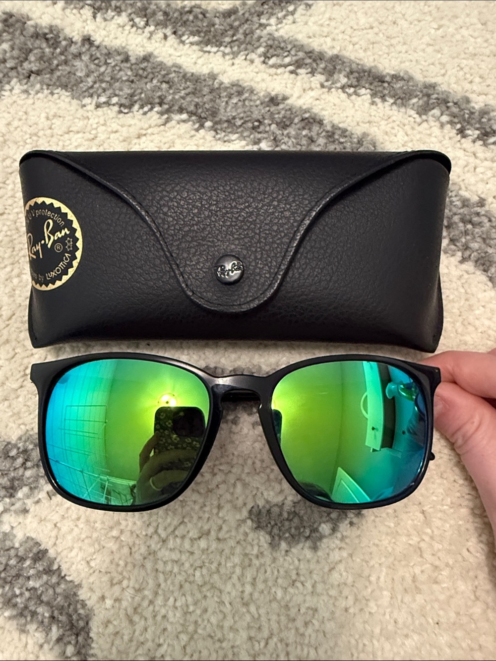 Ray-Ban Black Frame Sunglasses with Green-Blue Mirrored Lenses